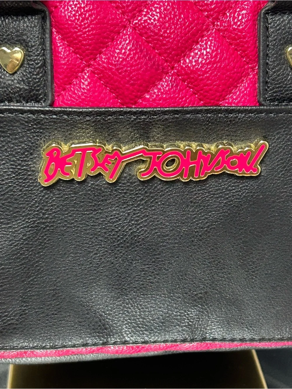 Betsey Johnson Hot Pink and Black Quilted Satchel with Gold Accents